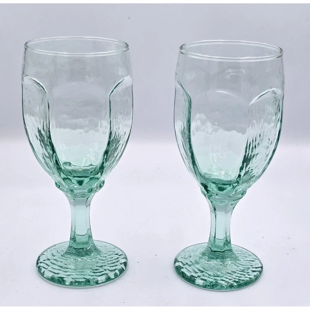 Vintage 80's Libbey Chivelry Light Green Textured Glass Wine Water Goblets 2 ct.